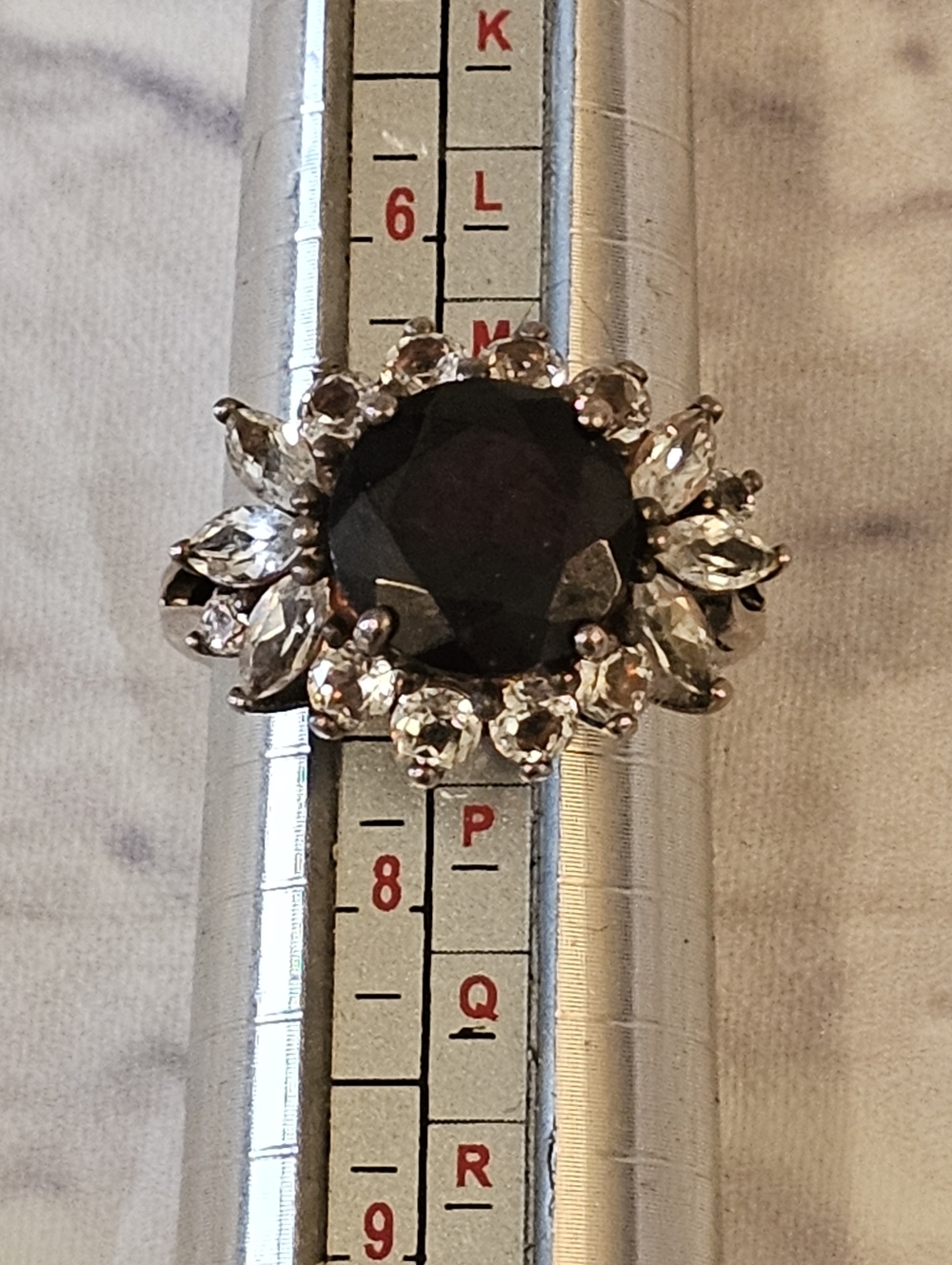 Sterling Silver Cocktail Ring with Deep Garnet Red Center Stone And Cz Size 7